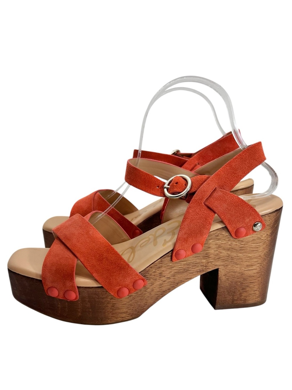 Sam Edelman Josefine Tangerine Orange Suede Wooden Clog Platform Heeled Sandal
